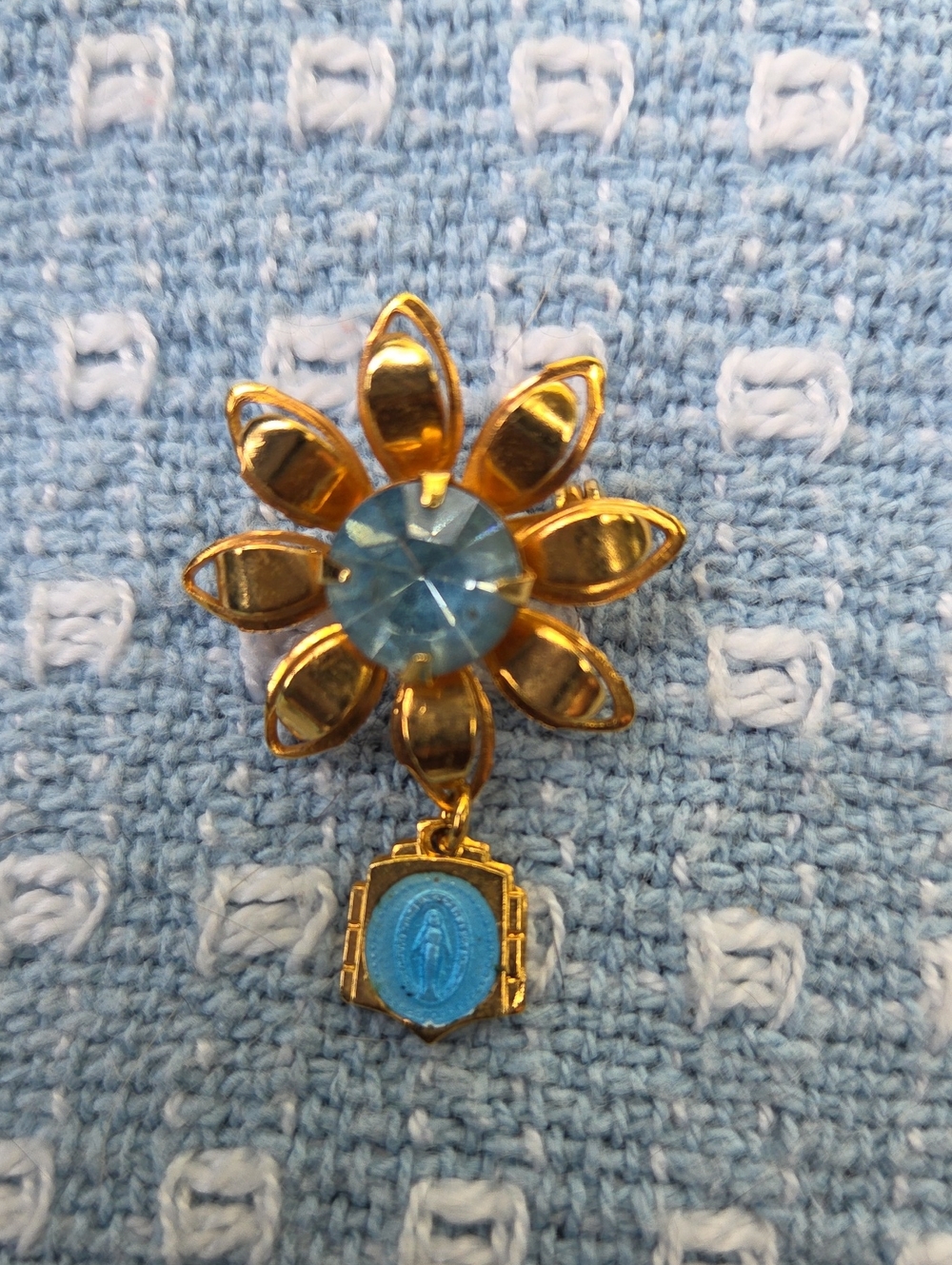 Vintage Catholic Blue Rhinestone Floral Brooch With Miraculous Medal Pendant.